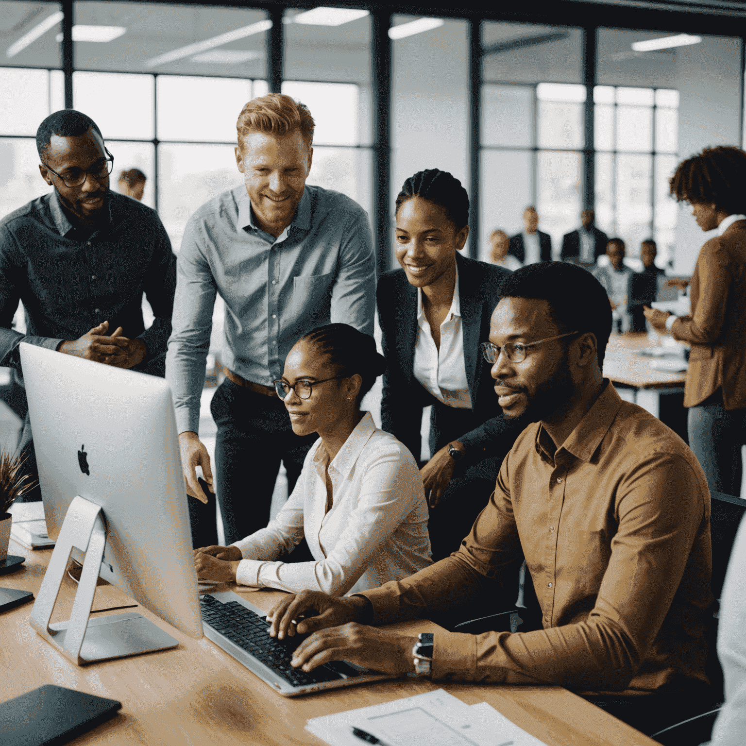 Diverse group of South African professionals collaborating in a modern office setting, showcasing multiple languages being used in conversation and on computer screens