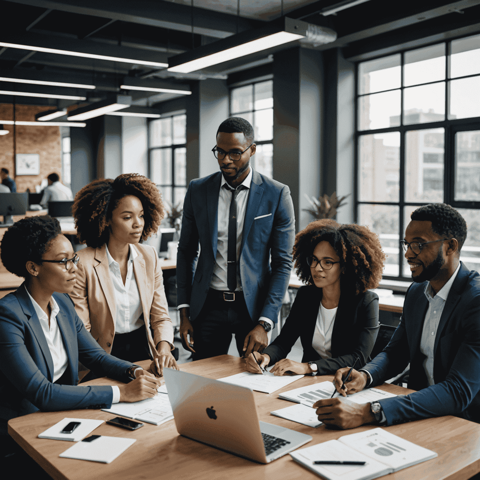 Diverse group of professionals collaborating in a modern office space, representing innovative recruitment strategies in South Africa