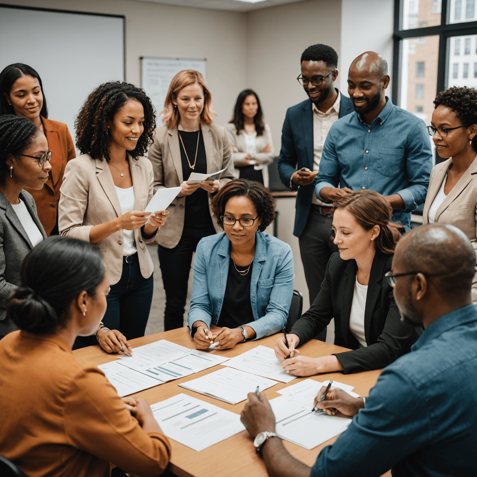 Diverse group of professionals engaged in a cross-cultural communication workshop, with participants from various ethnic backgrounds interacting and learning together