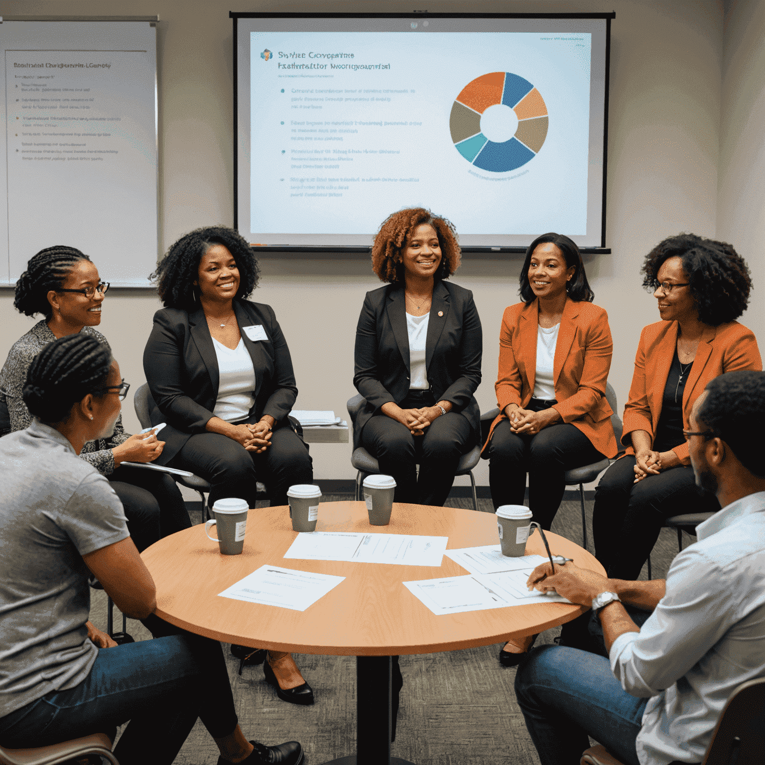 A diverse group of professionals engaged in an interactive cultural competency workshop, with a facilitator leading discussions and activities to enhance cross-cultural understanding