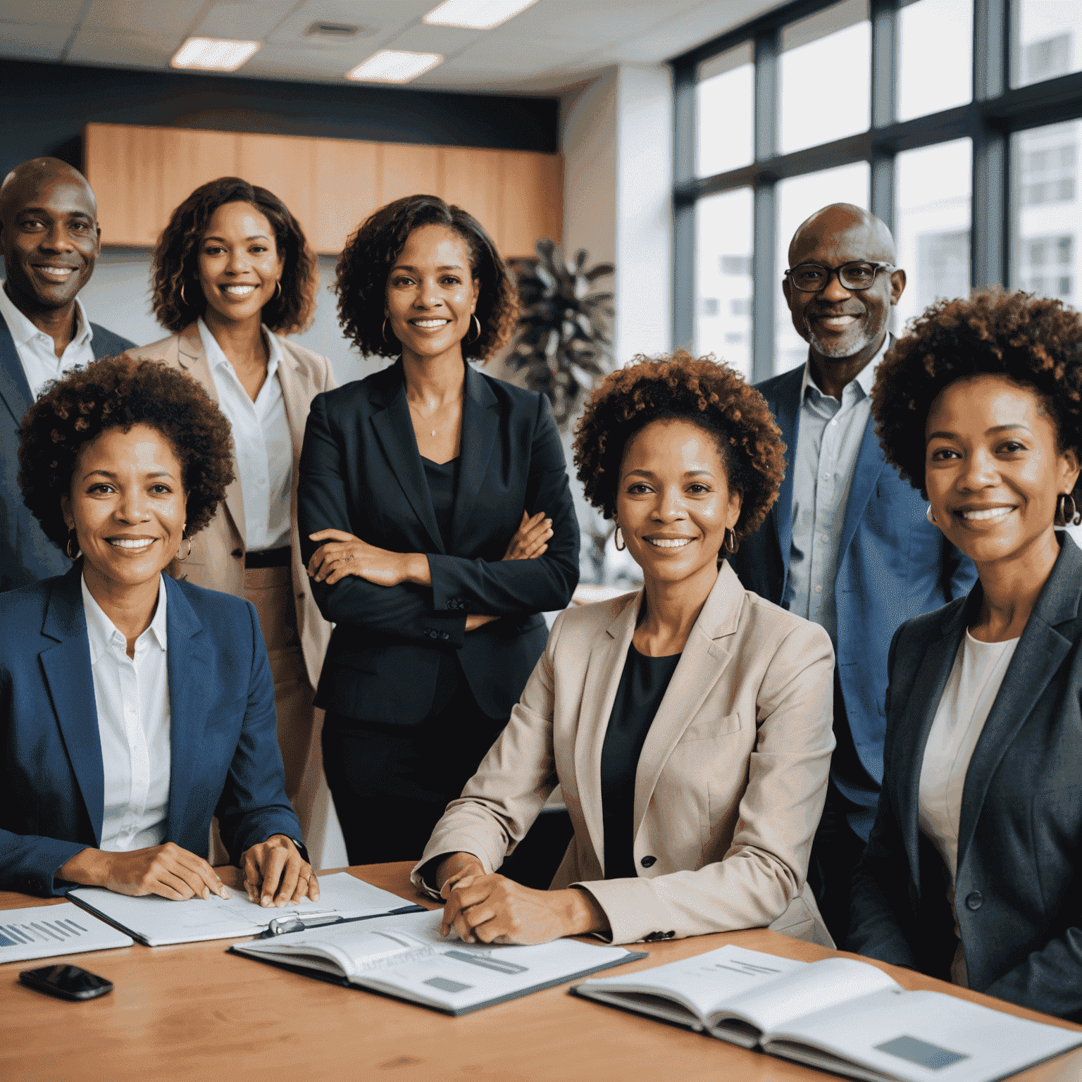 Diverse group of professionals representing multilingual talent in South Africa, showcasing various ethnicities and age groups in a modern office setting