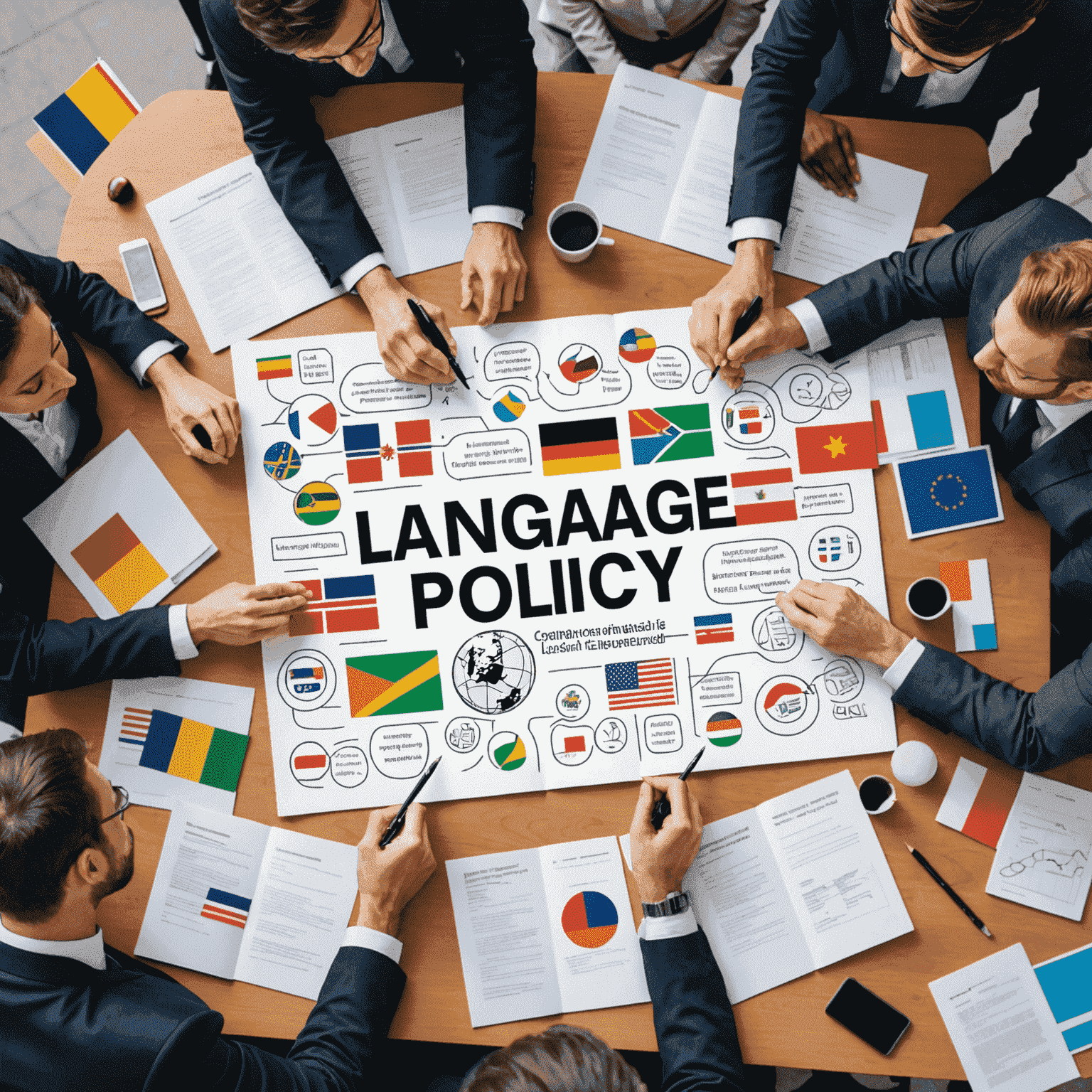 A diverse group of professionals collaborating on a language policy document, with multilingual text and flags representing different languages in the background