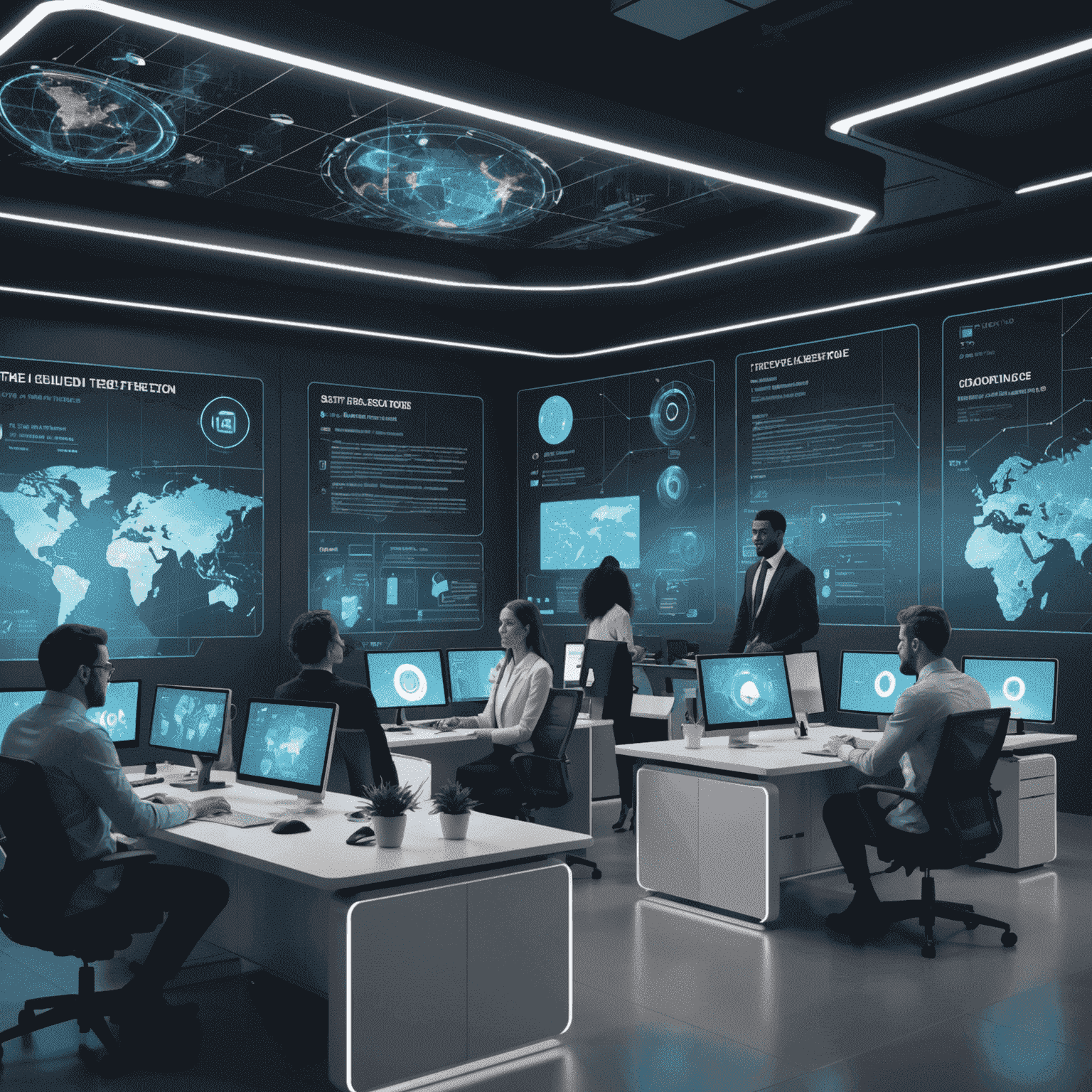 Futuristic office space with holographic displays showing real-time language translation, diverse team members collaborating seamlessly across multiple languages