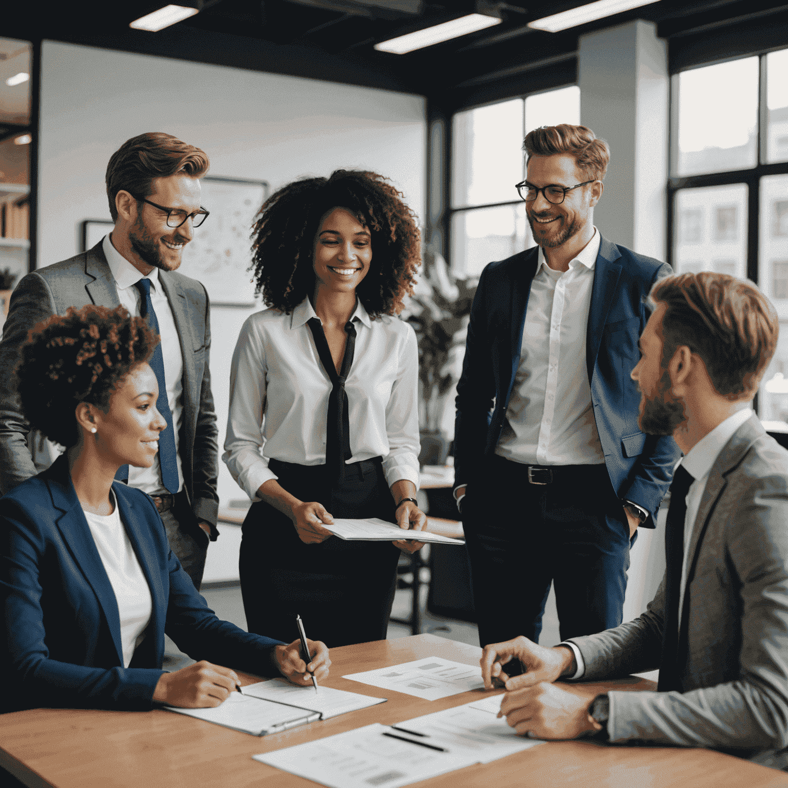 A diverse team of professionals collaborating on a project, showcasing positive body language and engagement in a modern office setting