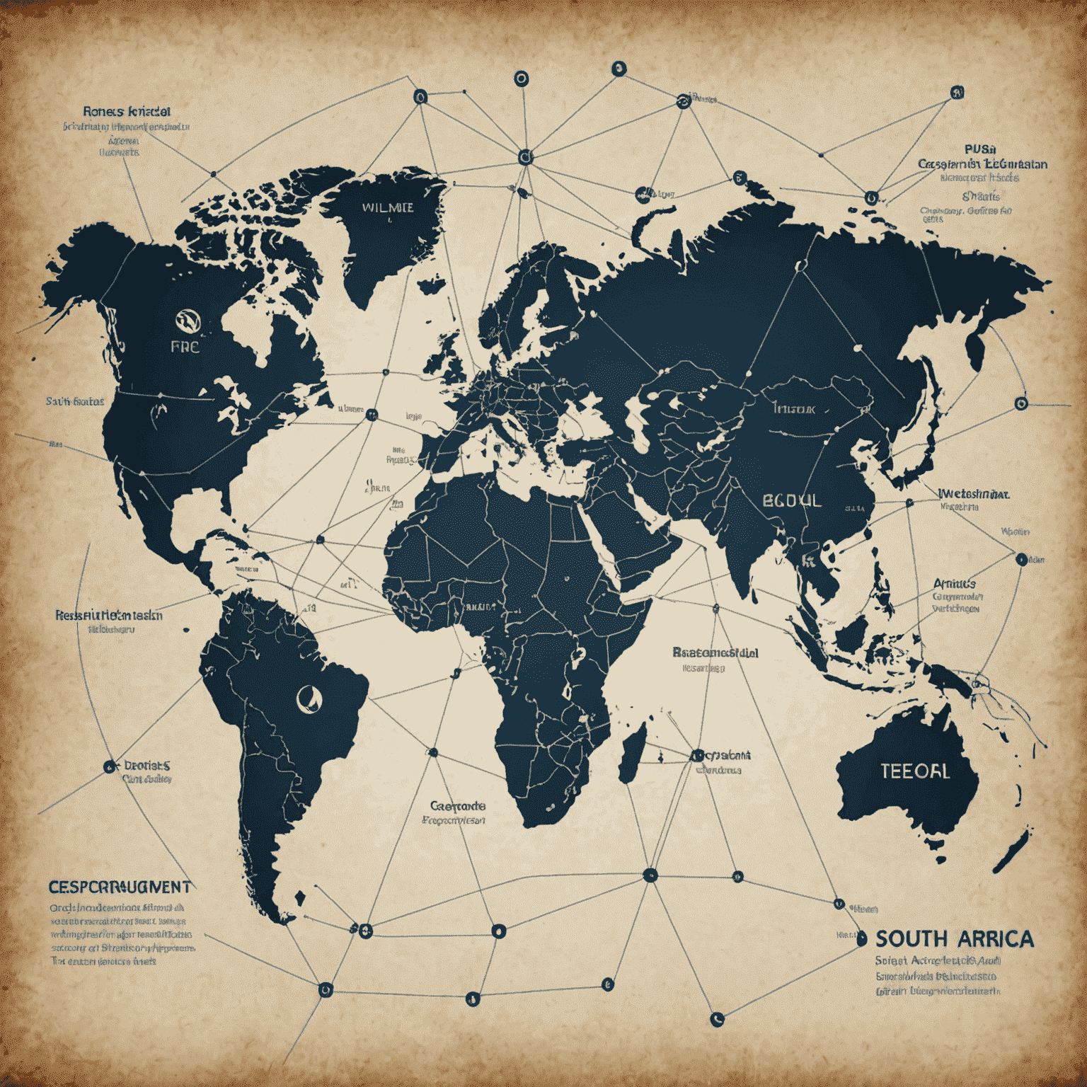 World map highlighting South Africa and connecting lines to other countries, representing global business connections and multilingual recruitment reach