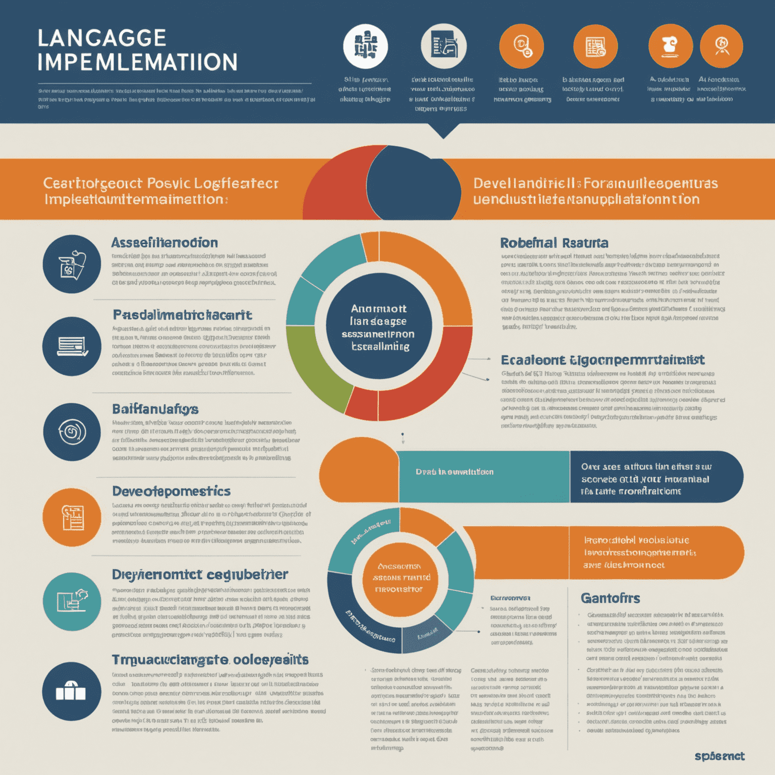 A series of infographics showing the steps of language policy implementation, including assessment, development, training, and evaluation